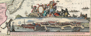 Nieuw Amsterdam of New York in een cartouche van een kaart uitgegeven in 1674 door Hugo Allard: Allard -Totius Neobelgii Nova et Accuratissima Tabula. Licensed under Public domain via Wikimedia Commons.