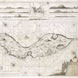Plattegrond van het eiland Curacao, met afbeeldingen van aanzichten van het eiland zoals het te zien was aan boord van een schip.