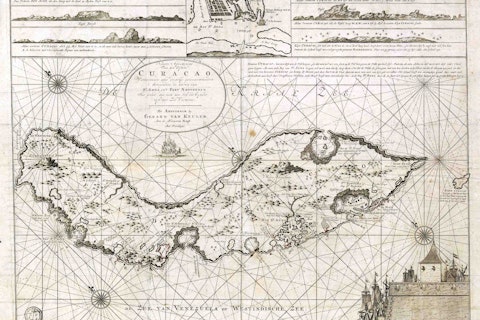 Plattegrond van het eiland Curacao, met afbeeldingen van aanzichten van het eiland zoals het te zien was aan boord van een schip.