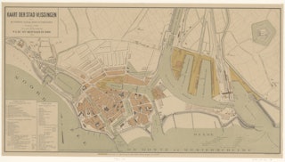 Plattegrond van de stad Vlissingen met de spoorweg-haven-en dokwerken, 1893. Zeeuws Archief, toegang 7414, HTA Vlissingen, cat.nr 120.