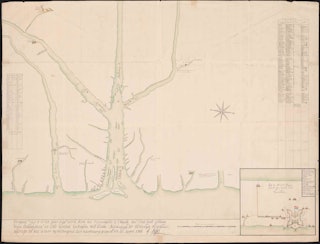 Getekende plattegrond van een rivier, in kleur, met inzet van de plattegrond van een fort.