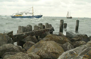 Op de voorgrond zinkstenen voor verweerde houten paalhoofden, daarachter twee schepen op water met schuimkoppen, op de achtergrond een brug.