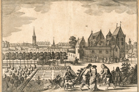 Kopergravure, kasteel Bruëlis en Nederlands Hervormde kerk van Kapelle.