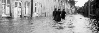 Drie mannen op de rug gezien lopen tot hun dijen toe in het water in een straat.