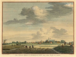 Stadsaanzicht van Brouwershaven, gemaakt tussen 1745 en 1754. Gezicht op de stad vanuit het noordwesten. Rechts de Nicolaaskerk en het stadhuis, geheel links molen De Haan. Op de voorgrond wordt de graanoogst binnengehaald in de Noordernieuwlandpolder.