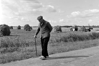 Boer op klompen met stok loopt langs bonenruiters