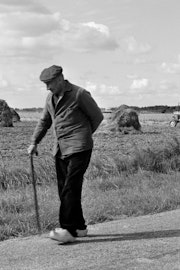 Boer op klompen met stok loopt langs bonenruiters