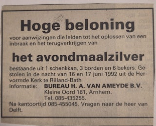 Opsporingsadvertentie avondmaalszilver van Rilland-Bath, in de PZC van 27 juni 1992.