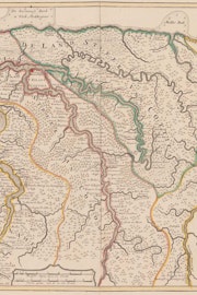 Gedrukte kaart met grenzen en rivieren in kleur.