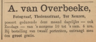 Advertentietekst voor het fotoatelier van Abraham van Overbeeke in Terneuzen.