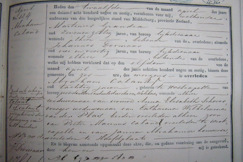 Overlijdensakte van Hoofdingenieur van de Waterstaat Abraham Caland, overleden 11 juli 1869 te Middelburg