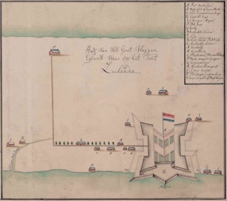 Getekende plattegrond in kleur van een fort.