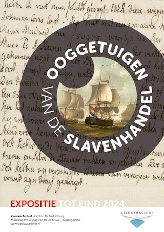 Een schip met gebolde zeilen en Nederlandse vlag en een fragment van een 18e-eeuws handschrift.