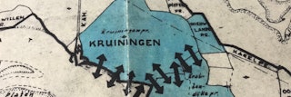 Kaart met in blauw het overstroomde gebied bij Kruiningen.