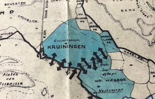 Kaart met in blauw het overstroomde gebied bij Kruiningen.
